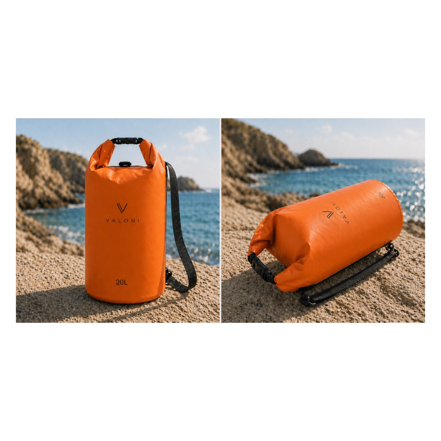 Sac étanche VALONI 20L orange sur la plage